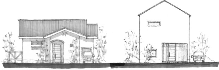 プロバンス風の平屋とシンプルスタイルの2階建て住戸の外観イラスト