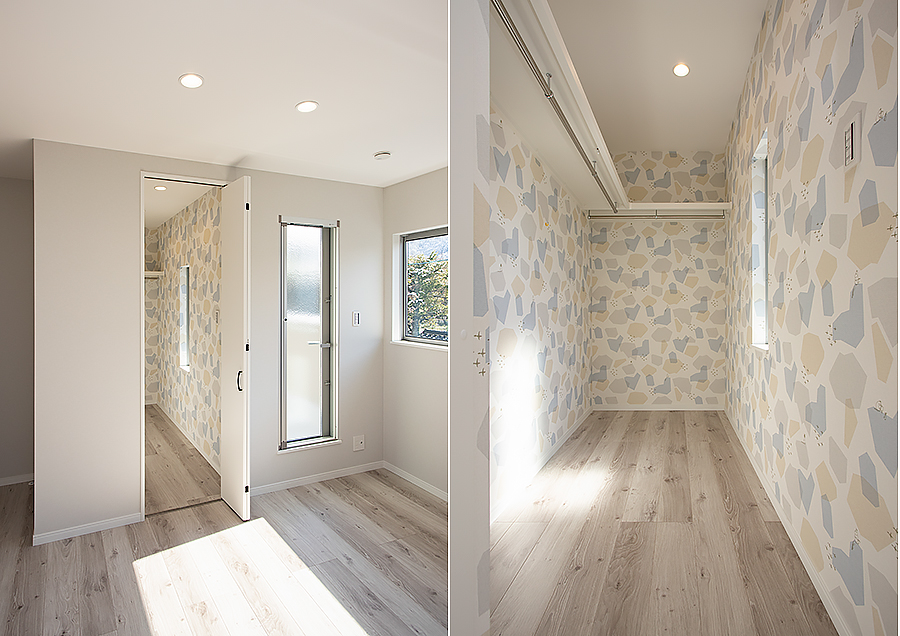 主寝室には可愛いクロスのウォークインクローゼットを設置｜京都・滋賀の注文住宅 天然木の家
