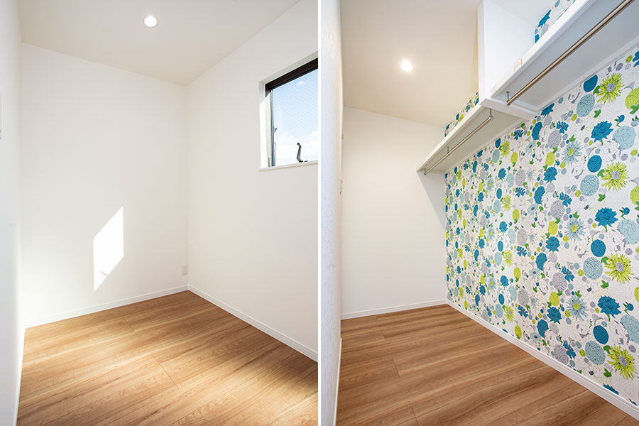 壁紙が鮮やかなウォークインクローゼットと2階ホール部分を利用した書斎スペース｜京都・滋賀の注文住宅 天然木の家