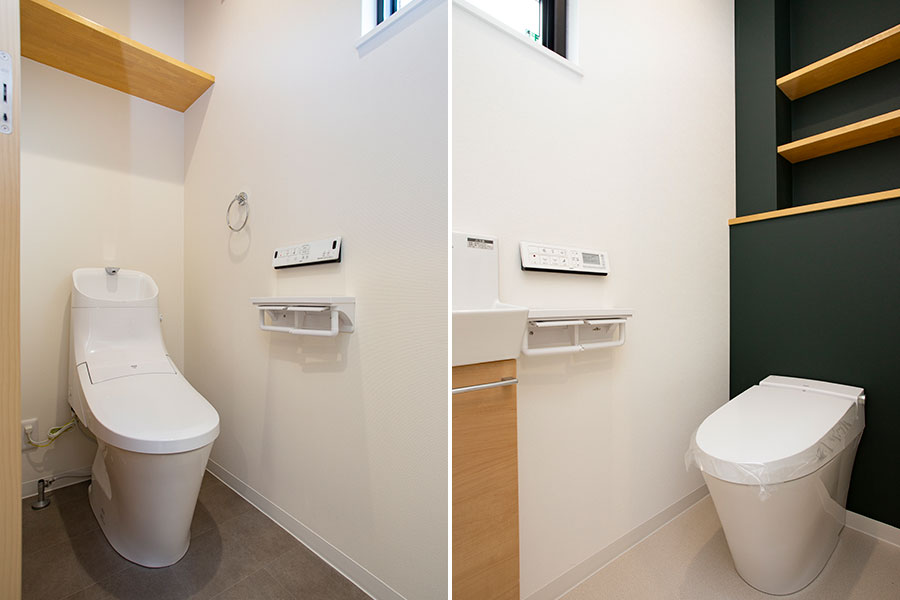 ダークトーンでシックな壁紙の1階トイレと白の清潔感ある2階トイレ｜京都・滋賀の注文住宅 天然木の家