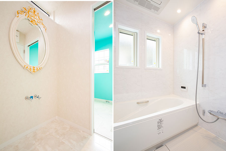 真っ白で清潔感がある脱衣室・浴室｜京都・滋賀の注文住宅 天然木の家