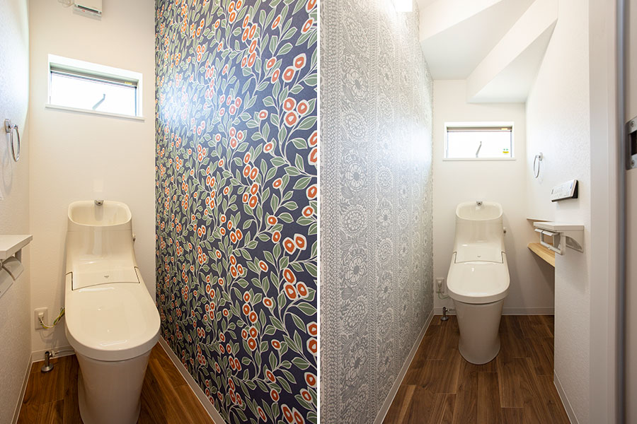 鮮やかな壁紙が際立つトイレ｜京都・滋賀の注文住宅 天然木の家