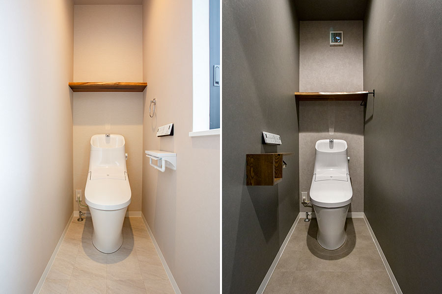 天然木と壁紙が優しい色合いの2階トイレと壁紙と天然木をダークトーンでそろえたシックな1階トイレ