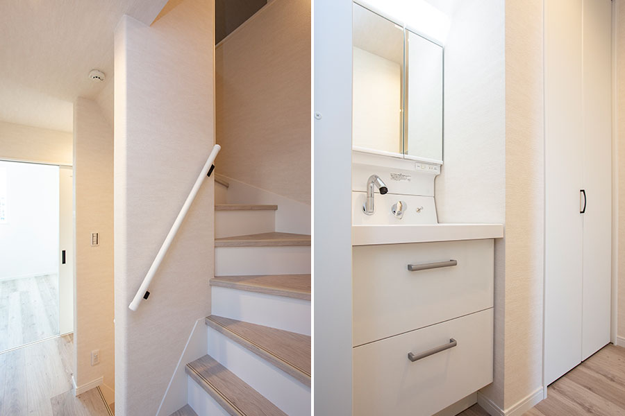 便利な2階手洗い場と老後を考えた小屋裏収納につながる階段｜京都・滋賀の注文住宅 天然木の家