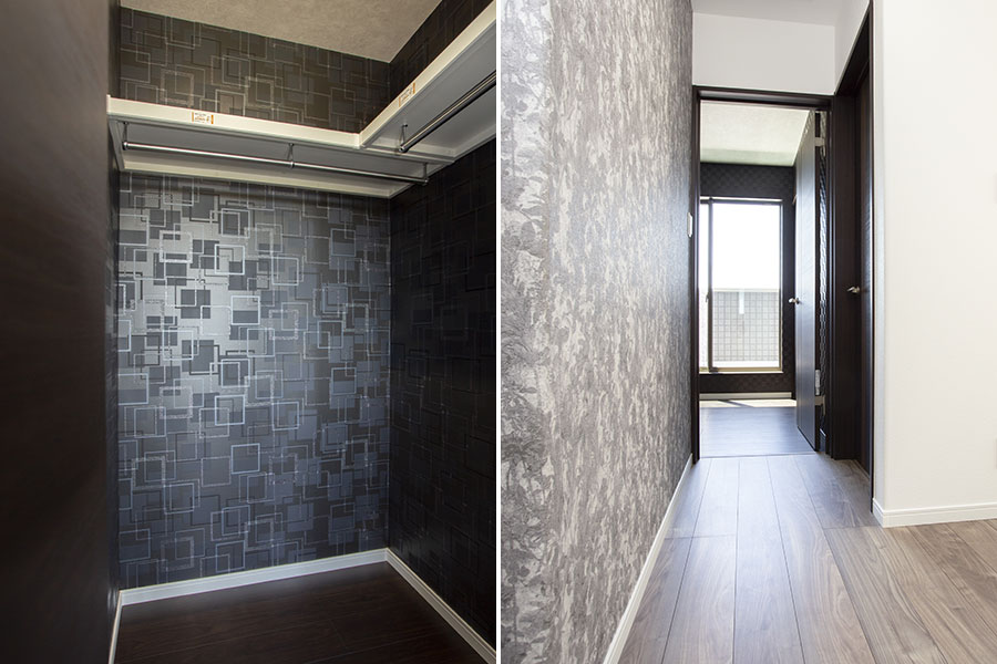 2階廊下はラグジュアリー感漂う壁紙でホテル風｜京都・滋賀の注文住宅 天然木の家