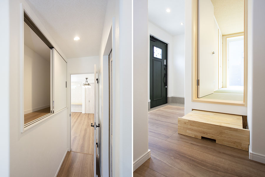 床の間上のスペースを利用した収納と必要時に応じて収納できる小上がり下の階段｜京都・滋賀の注文住宅 天然木の家