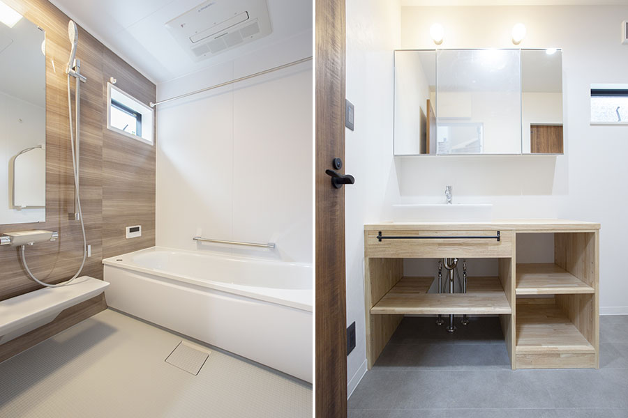 木目調の落ち着いた浴室と造作の洗面台｜京都・滋賀の注文住宅 天然木の家