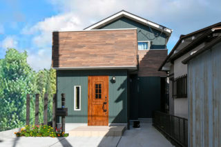 グリーンの外壁に木目調扉がアンティーク調でかわいい外観｜京都・大阪・滋賀の注文住宅 天然木の家