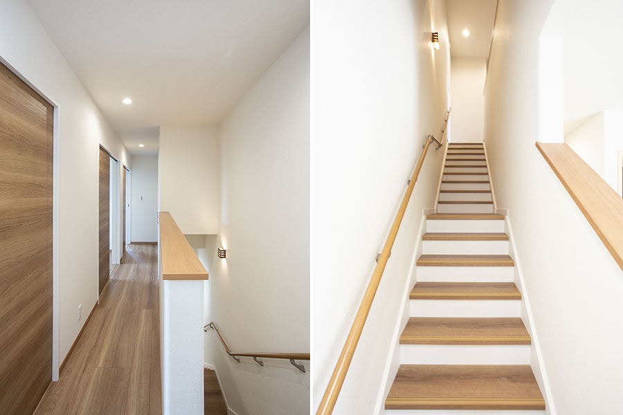 踏面を広くとり踊り場を設けた足に優しい階段｜京都・滋賀の注文住宅 天然木の家
