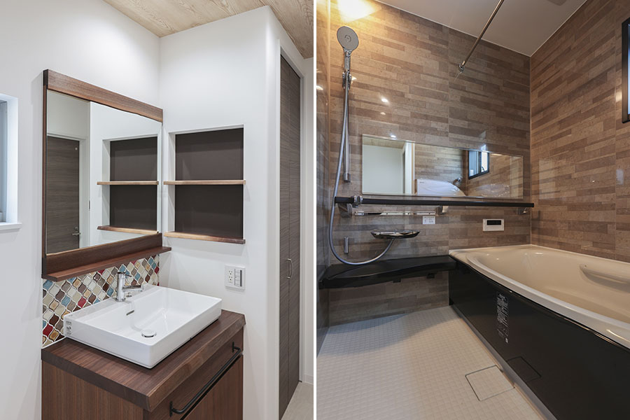 ラグジュアリーな浴室とタイルを使用した造作洗面台｜京都・大阪・滋賀の注文住宅 天然木の家